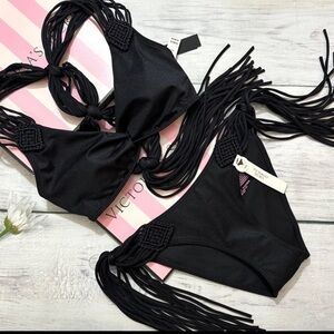 Victoria's Secret Black Macramé Fringe Bikini Set Top XS, Bottom S